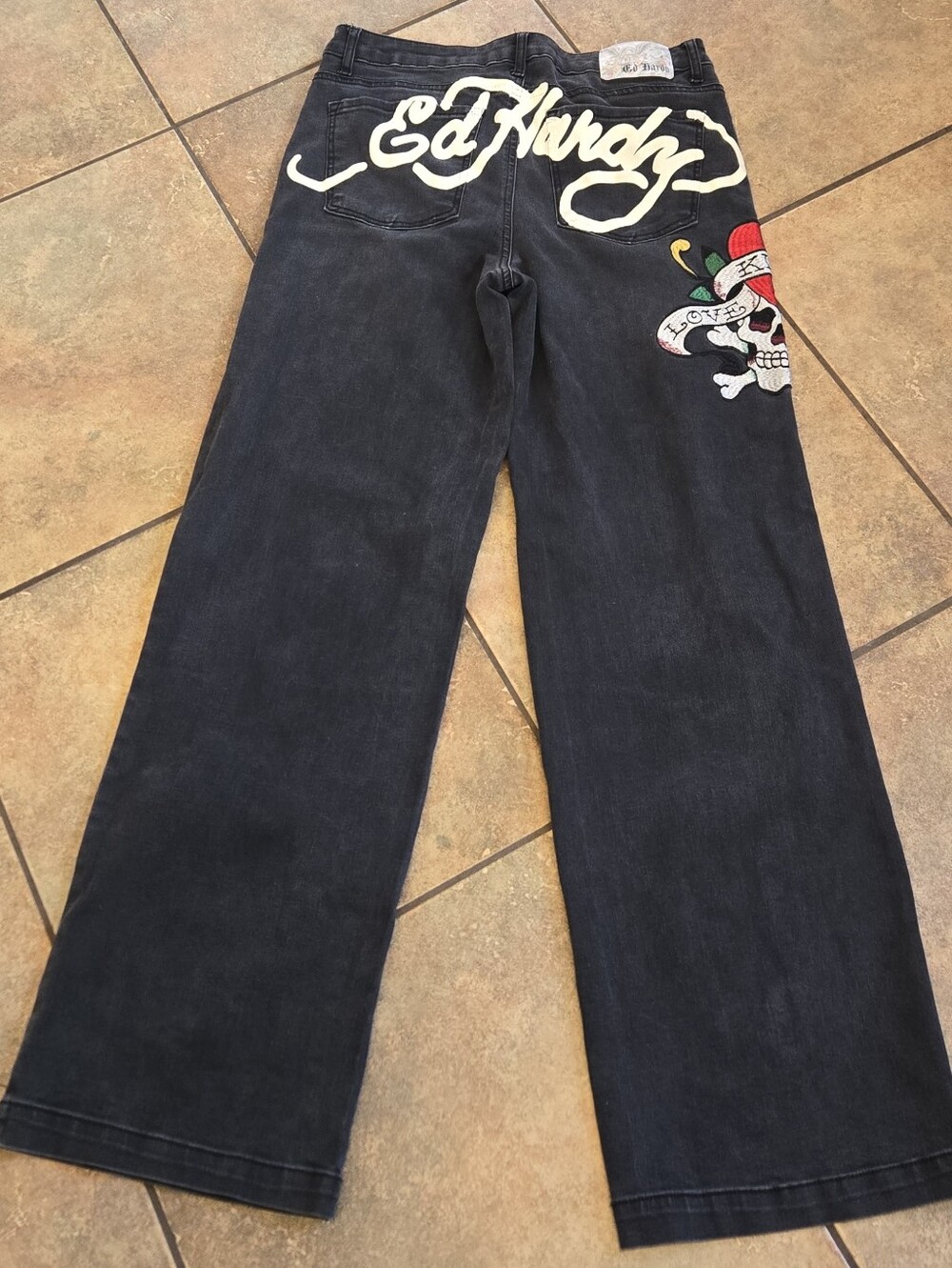 Ed Hardy Wide Leg Skull Embroidered Jeans Size 30 Black Y2K Streetwear